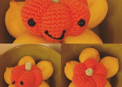 Photograph of an orange in crotchet work sitting in a bowl of real lemons