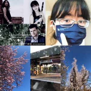 Photo collage of Anna, Florian, and Meghan, a train station, and cherry blossoms