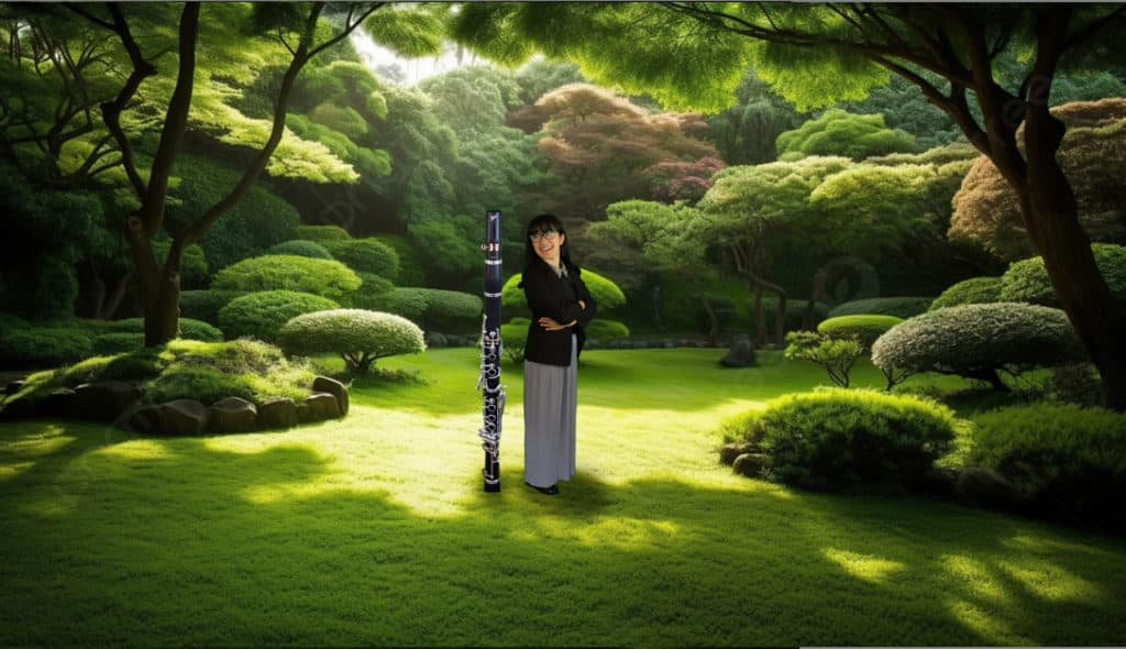 Image of Anna standing next to a clarinet as tall as she is against a garden background